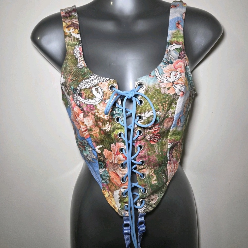 Womens Medium Lace Up Corset Top Floral Cottagecore Renaissance‎ Fairy Festival